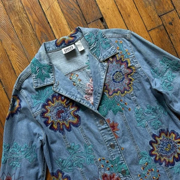 Vtg 90s Chico's Design Floral Embroidered Beaded AOP Denim